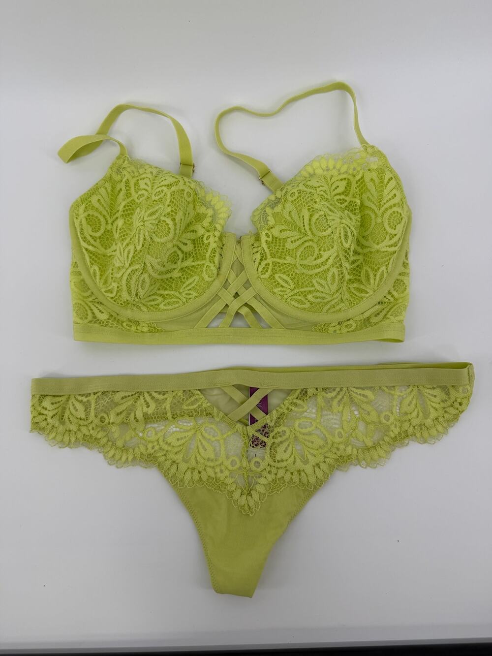 Lace lingerie set, Adore Me Diara balconette bra and thong, light green